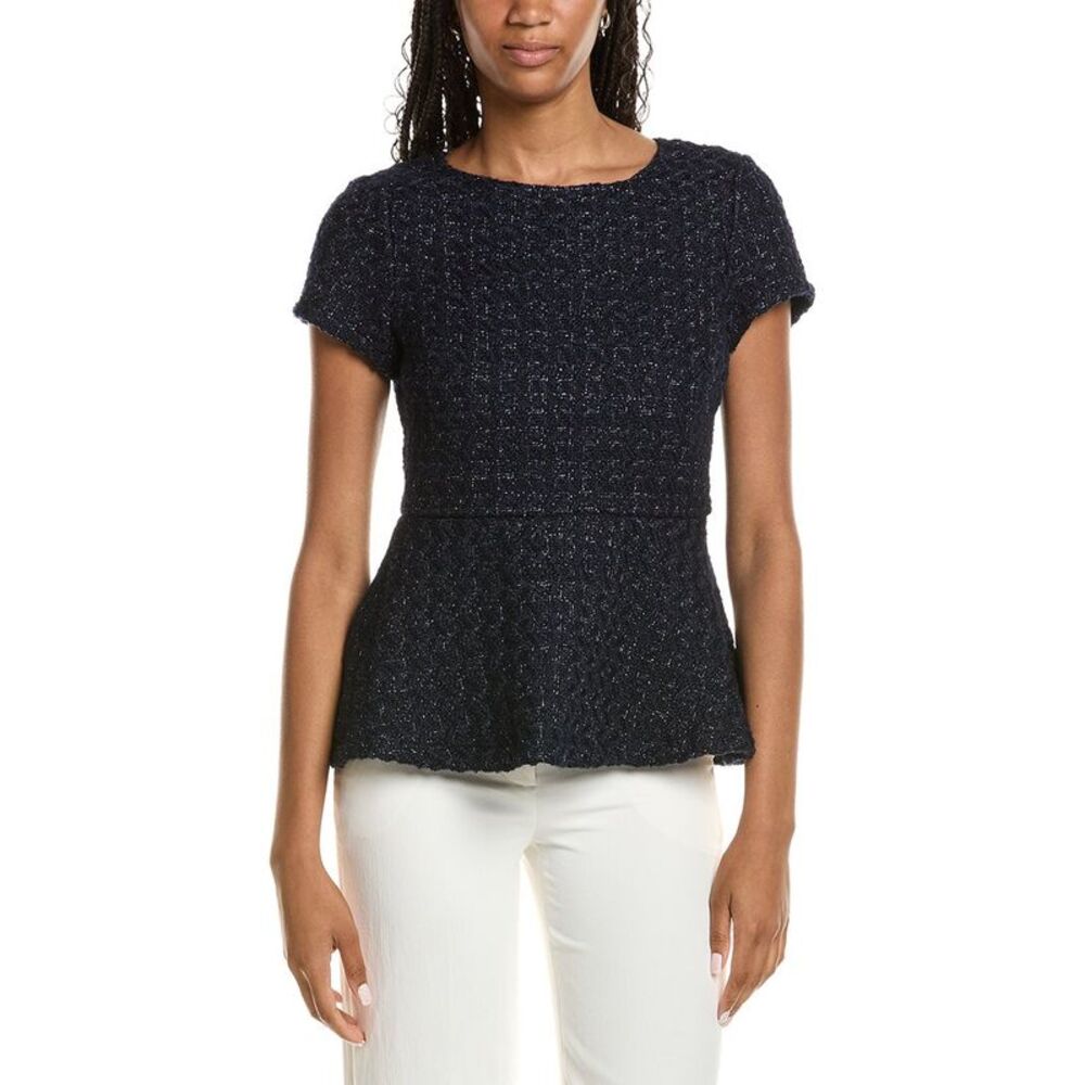 Sail To Sable Womens  Tweed Wool-Blend Peplum Top, Navy